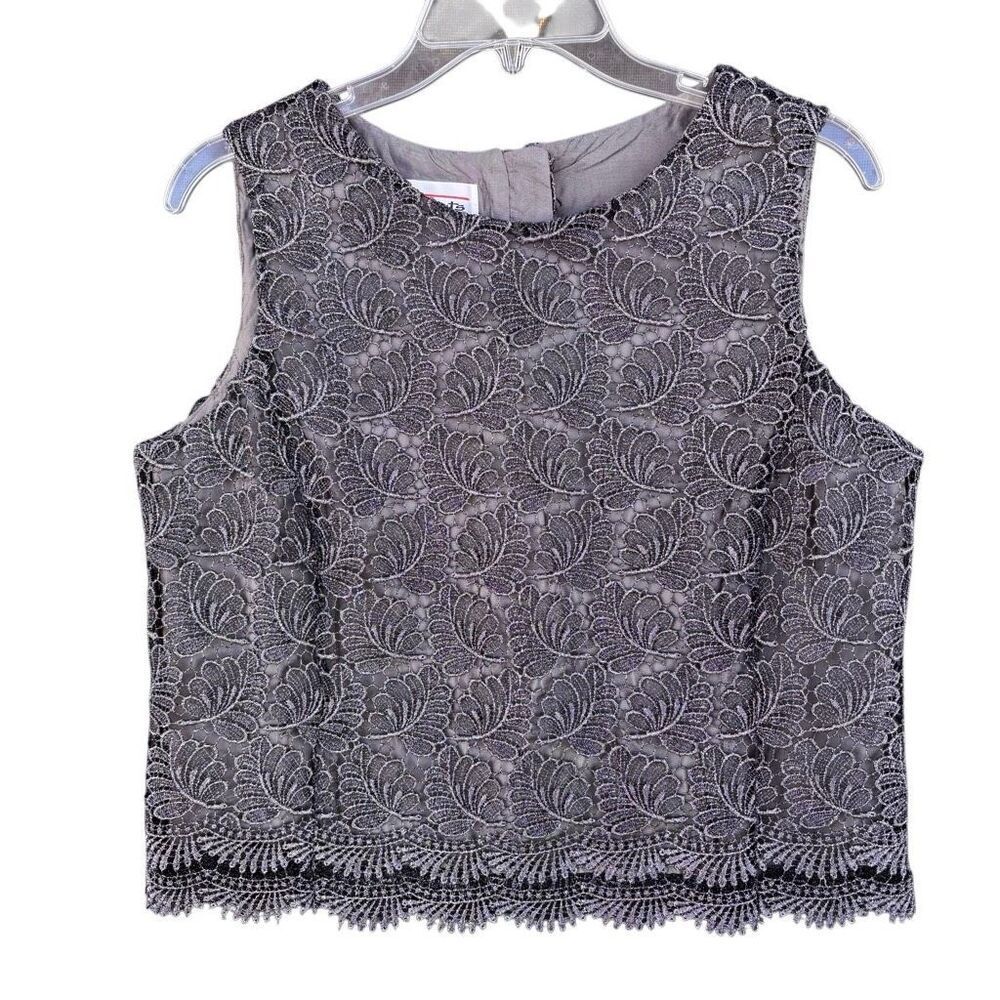 Talbots Charcoal Metallic Leaves Floral Lace Top Women Sz 12 Back Buttons Lined